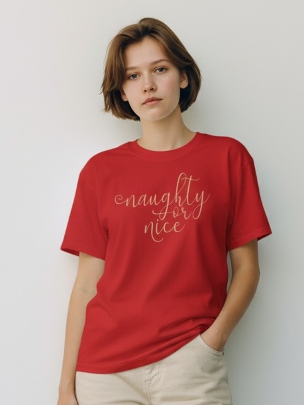 🎆🎇3for$9 Naughty or Nice? Women’s red holiday short-sleeve t shirt. gold text